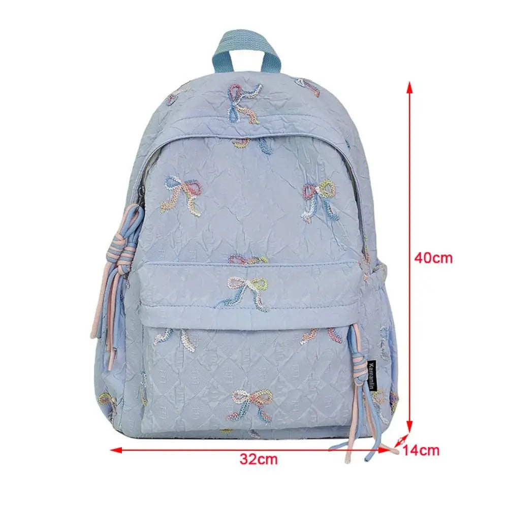 Fashion Embroidered Bow Backpack Nylon Large Capacity Students Schoolbag Multiple Pockets Wear-resistant Travel Rucksack