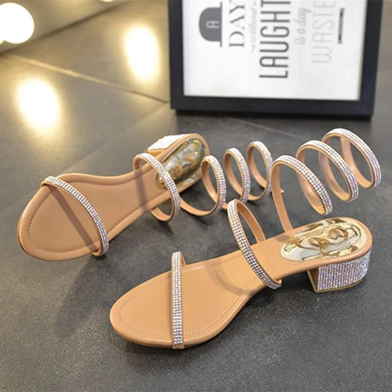 Summer Fashio 4CM Thick Heel Gladiator Sandals Women Flat Sandals Snake Punk Rhinestone Women Sandals Wedding Shoes
