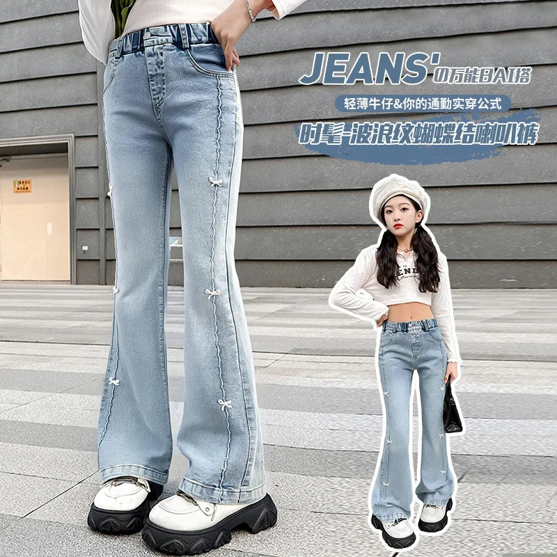 Girls Summer Fashion Jeans with Butterfly New Arrvial Kids Vintage Tight Denim Flare Pants Teenage Slim Trousers