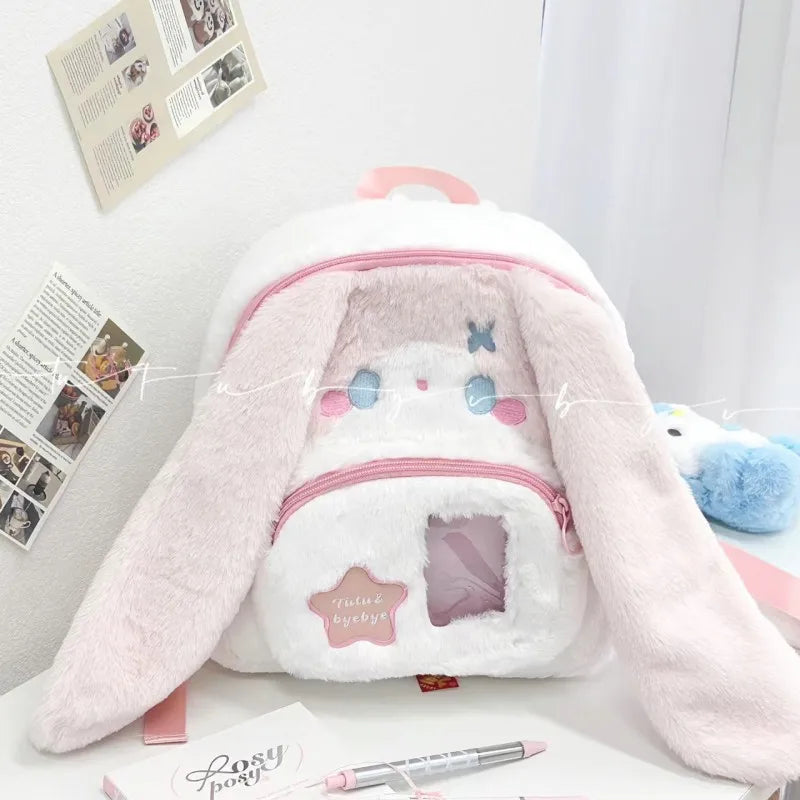 Kawaii Rabbit Ears Double Shoulder Bag Large Capacity Travel Backpack For Girls Cute Cartoon Rabbit Design Ideal Festival Gift
