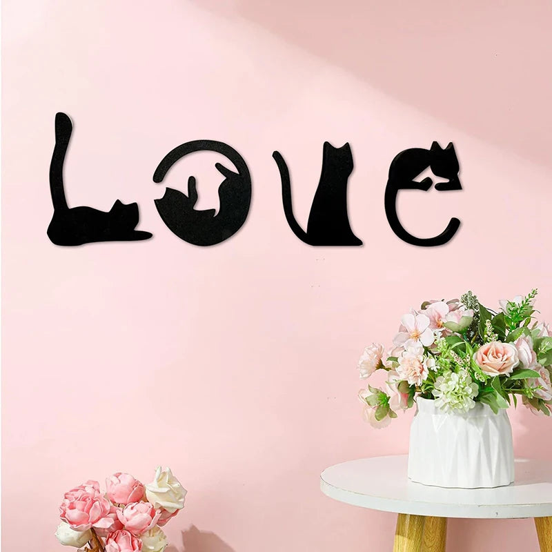 Black Cat Wall Decor, Love Themed Cat Wall Art For Living Room, Bedroom, Kitchen, Wooden Cat Home Decorations For Cat Lovers
