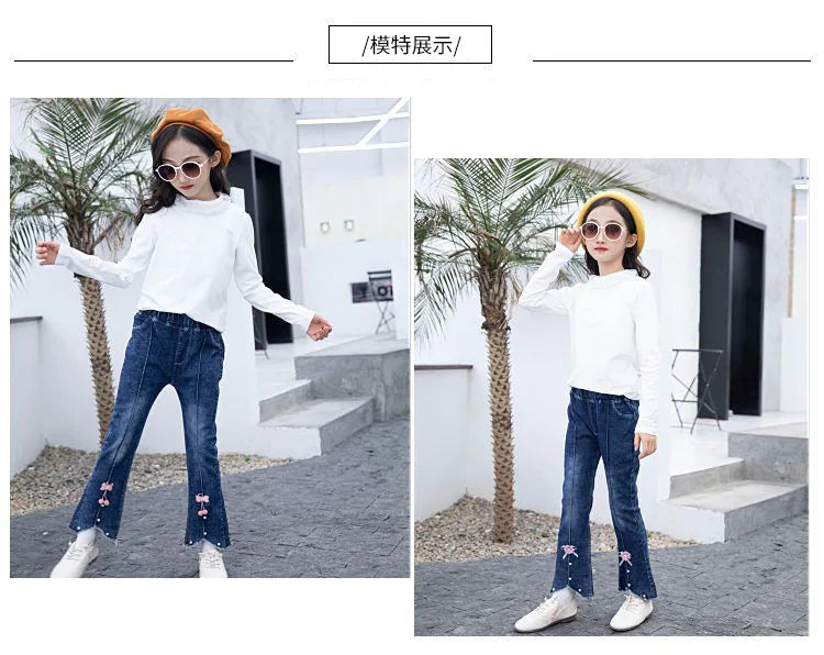 Girls Blue Jeans for Children's Fashion Clothing Princess Kids Denim Wide-leg Pants Baby Teens Girl Flared Bow Applique Trousers