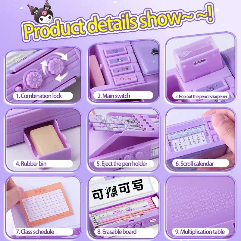 Sanrio Multifunction Stationery Box Kuromi Melody Cinnamoroll Bilayer Coded Lock Pencil Box Large Capacity Students Supply Gift