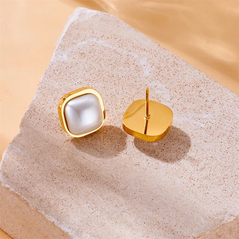 DIEYURO 316L Stainless Steel Square Large Pearl Necklace Earrings Ring For Women Girl New Party Gift Fashion Jewelry Set Bijoux
