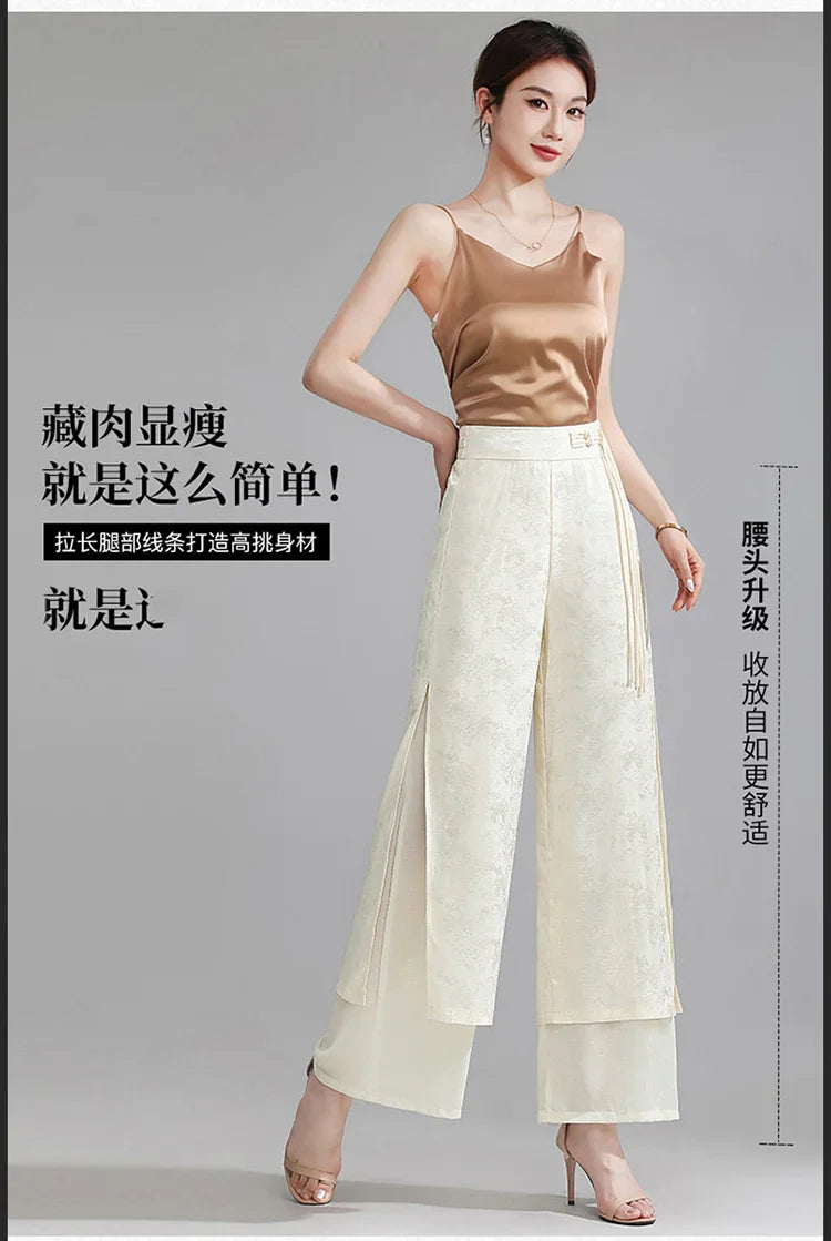 Chiffon Wide Wide Trousers Female Elegant Vintage New Pants Summer Thin Split Loose Skirt Pants Women Black Green