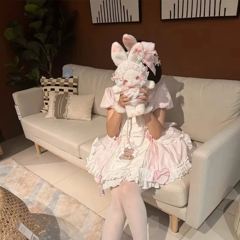 Kawaii Lolita Rabbit Shoulder Bag Cute Plush Crossbody Bag Y2K Girl Accessories Dolls Toys Pearl Chain Strap Makeup Bag