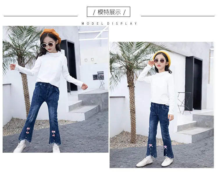 Girls Blue Jeans for Children's Fashion Clothing Princess Kids Denim Wide-leg Pants Baby Teens Girl Flared Bow Applique Trousers