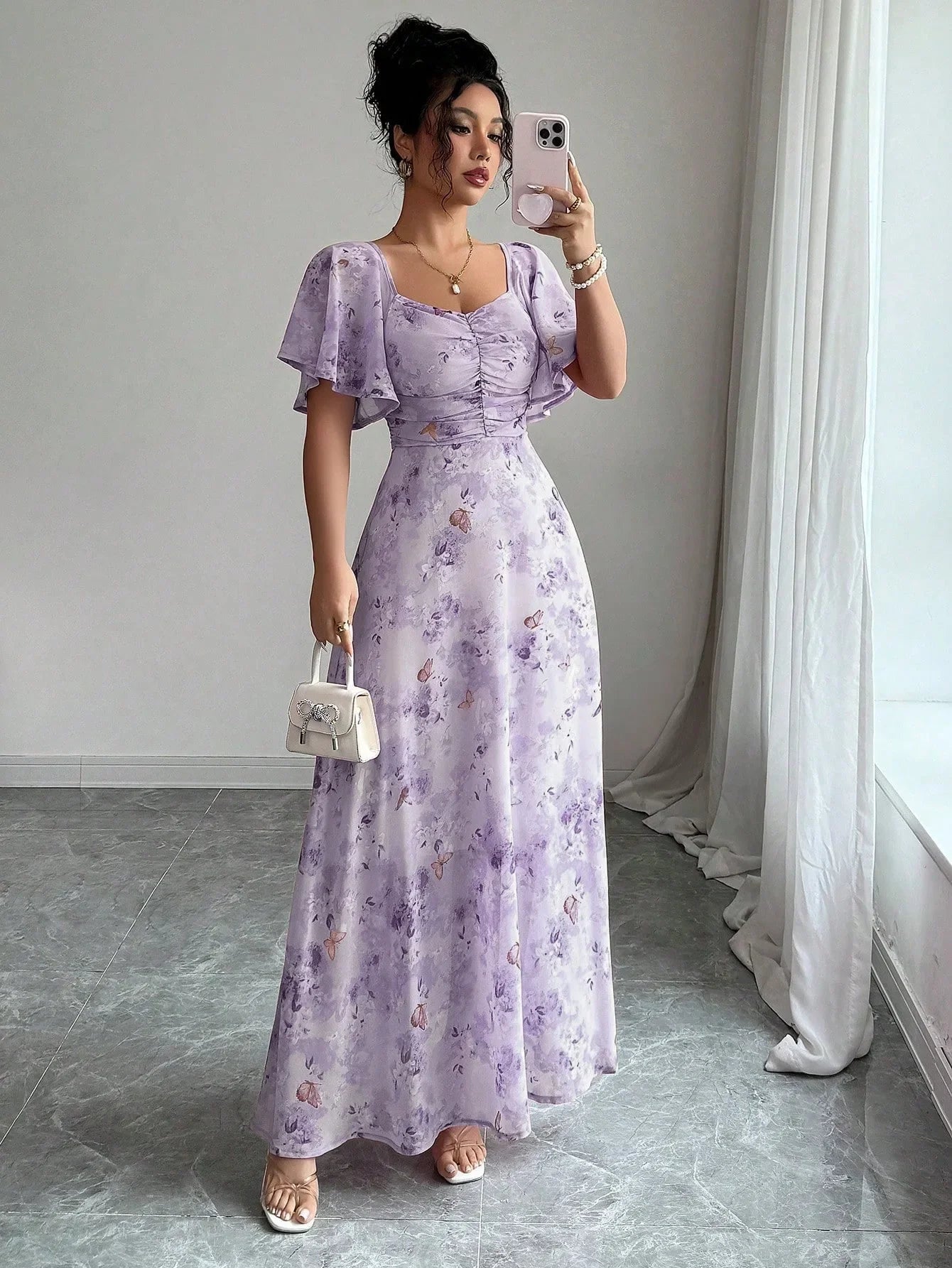 Fashionable Long Floral Print Dress Women's New Summer Slimming Age-Defying Dress Empire Waist Bubble Sleeve Knee-Length