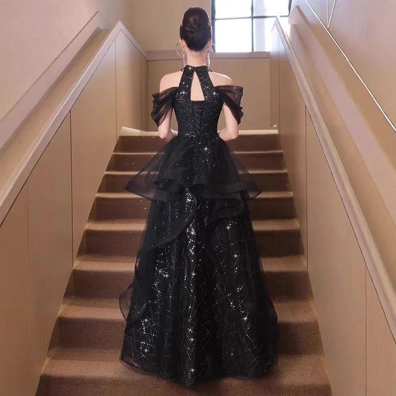 Evening Dresses Luxury 2026 Black Halter Evening Dress Corset Bodice Sequin Tulle Puffy Gown For Gala & Quinceanera