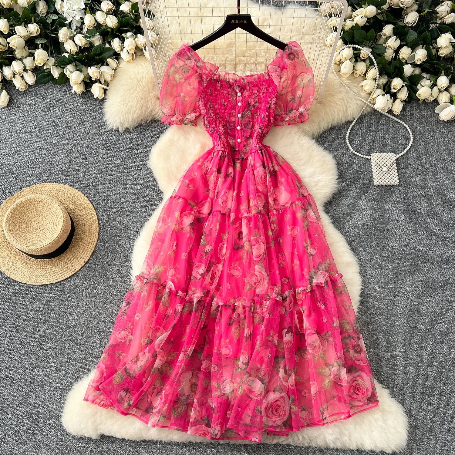 Retro Floral Chiffon Dr Women's Waist Cinched One oulder Bubble Sve Me Skirt Commute Korean Sle High Waist A-Line...
