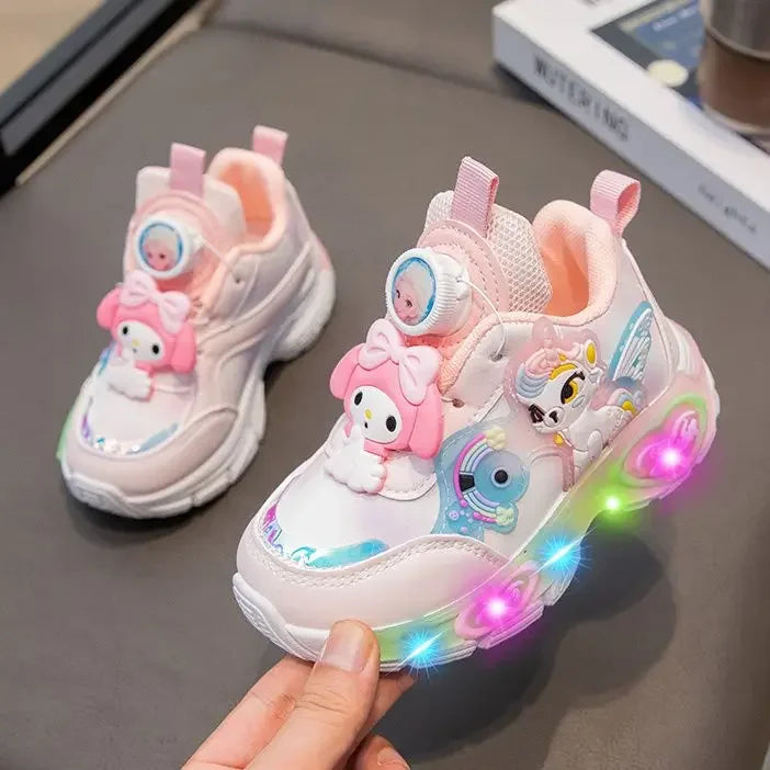 Sanrio Melody Casual Shoes Baby Girls Children's Led Light Sneakers Kawaii Cartoon Spring New Nonslip Sports Shoes Luminous Shoe