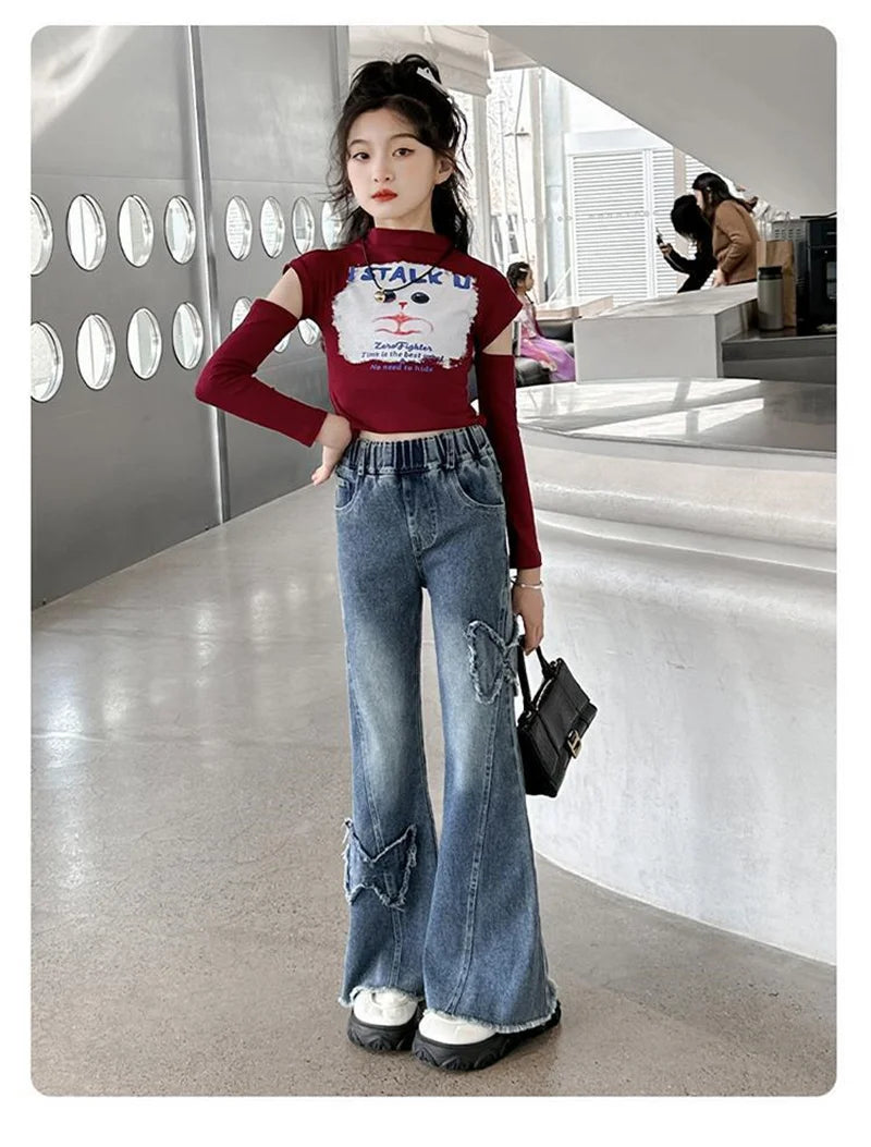 2025 Girls Wide Leg Jeans Loose Pants Spring Autumn Teen Casual Trousers Kids Fashion Straight Denim Long Pants Children Clothes