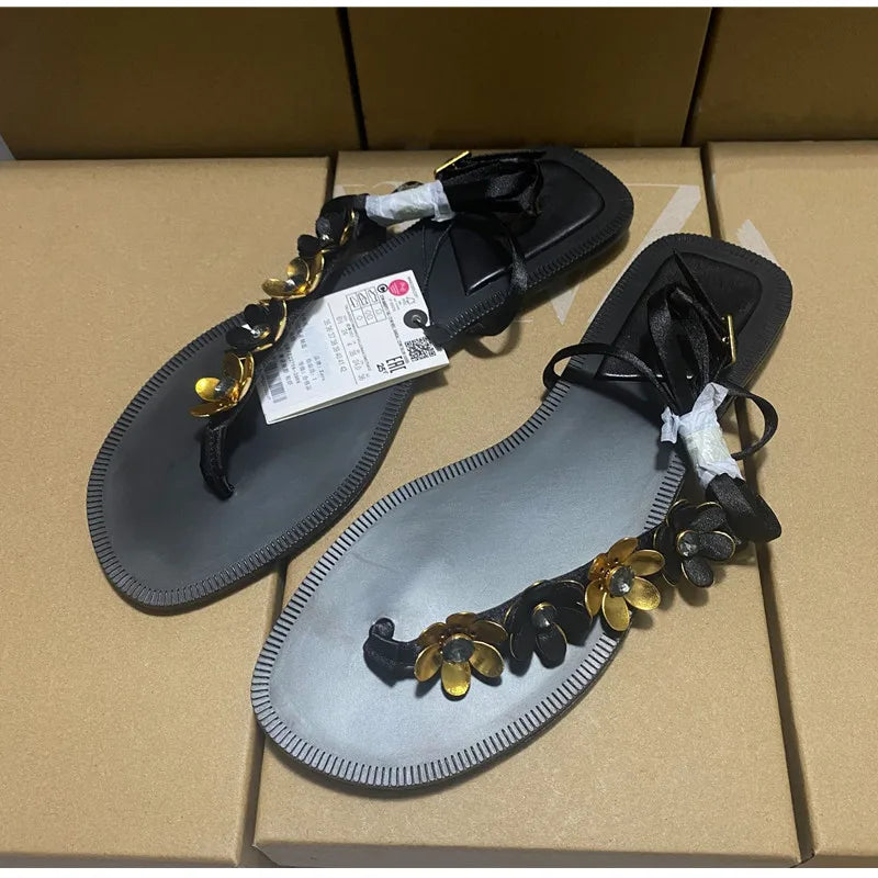 Luxury Crystal Flowers Decor Women Flats Sandals Sexy Ankle Strap Summer Beach Slides Fashion Streetwear Modern Sandals Shoes