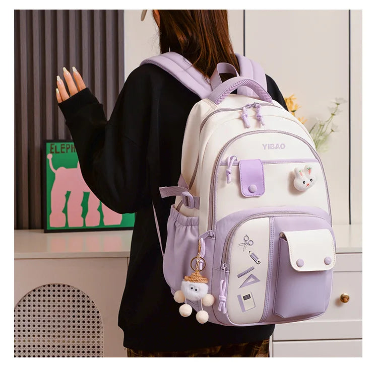 New cute rabbit children school backpack Fashionable splicing color contrast fresh lady knapsack kids schoolbags bring a doll