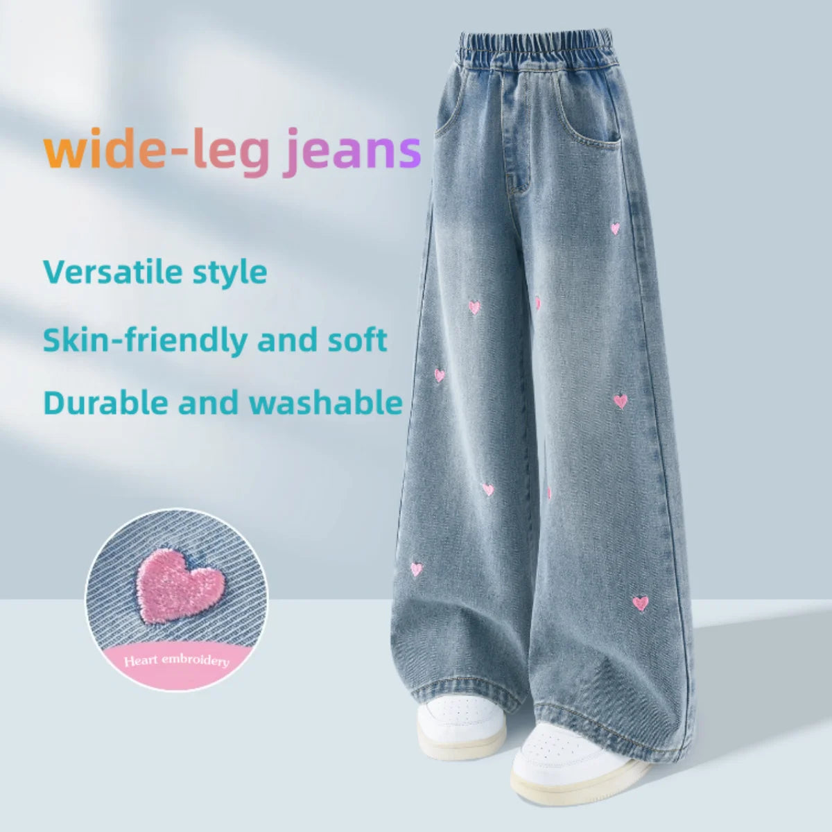 Girls Bootcut Jeans Kids Straight Denim Pants With Heart Embroidery Decoration Children Spring Autumn Stylish Durable Trousers
