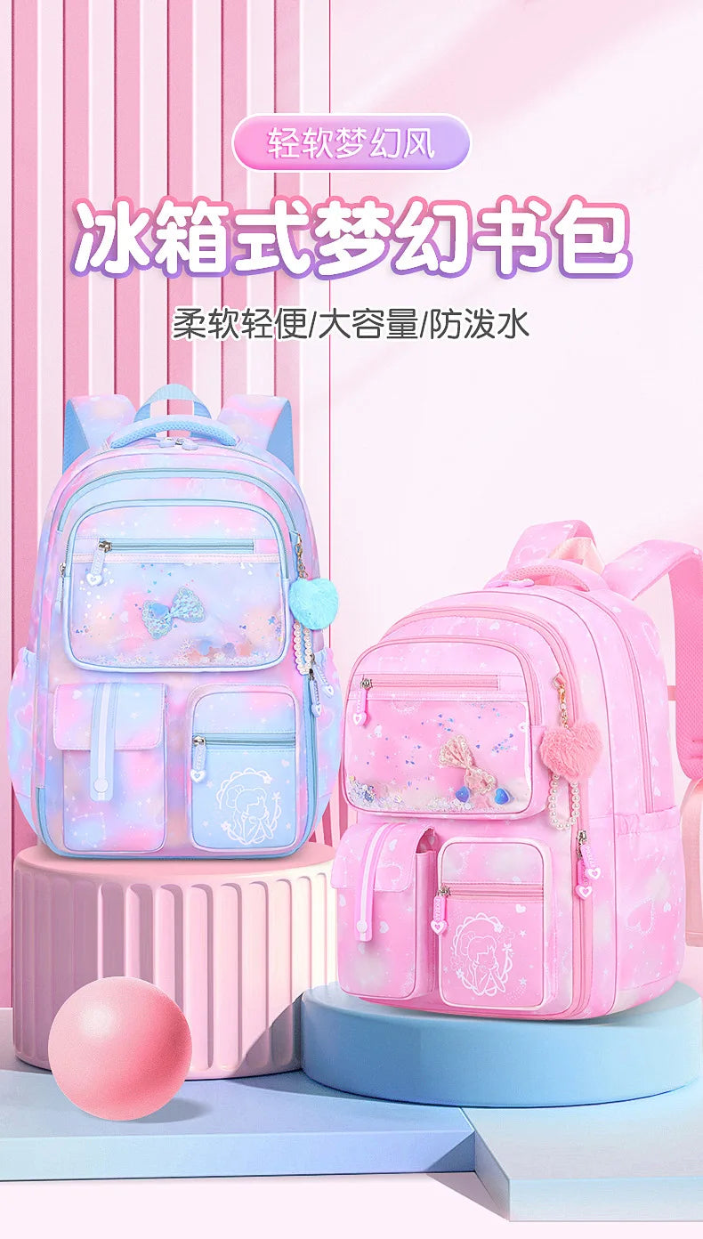 Refrigerator Door Multiple Pockets Light Burden Reduction Elementary School Bag Female Children's Backpack with Pendant