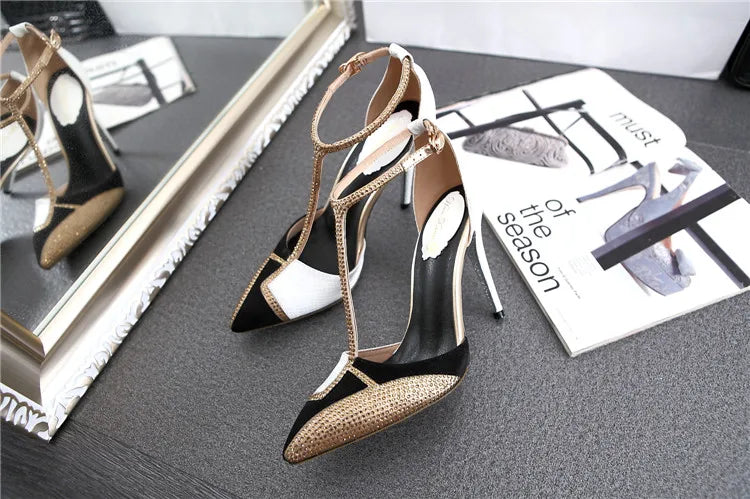 Spring and summer pointed toe hollow patent leather shoes thin high-heeled banquet dress large size small size women's sandals