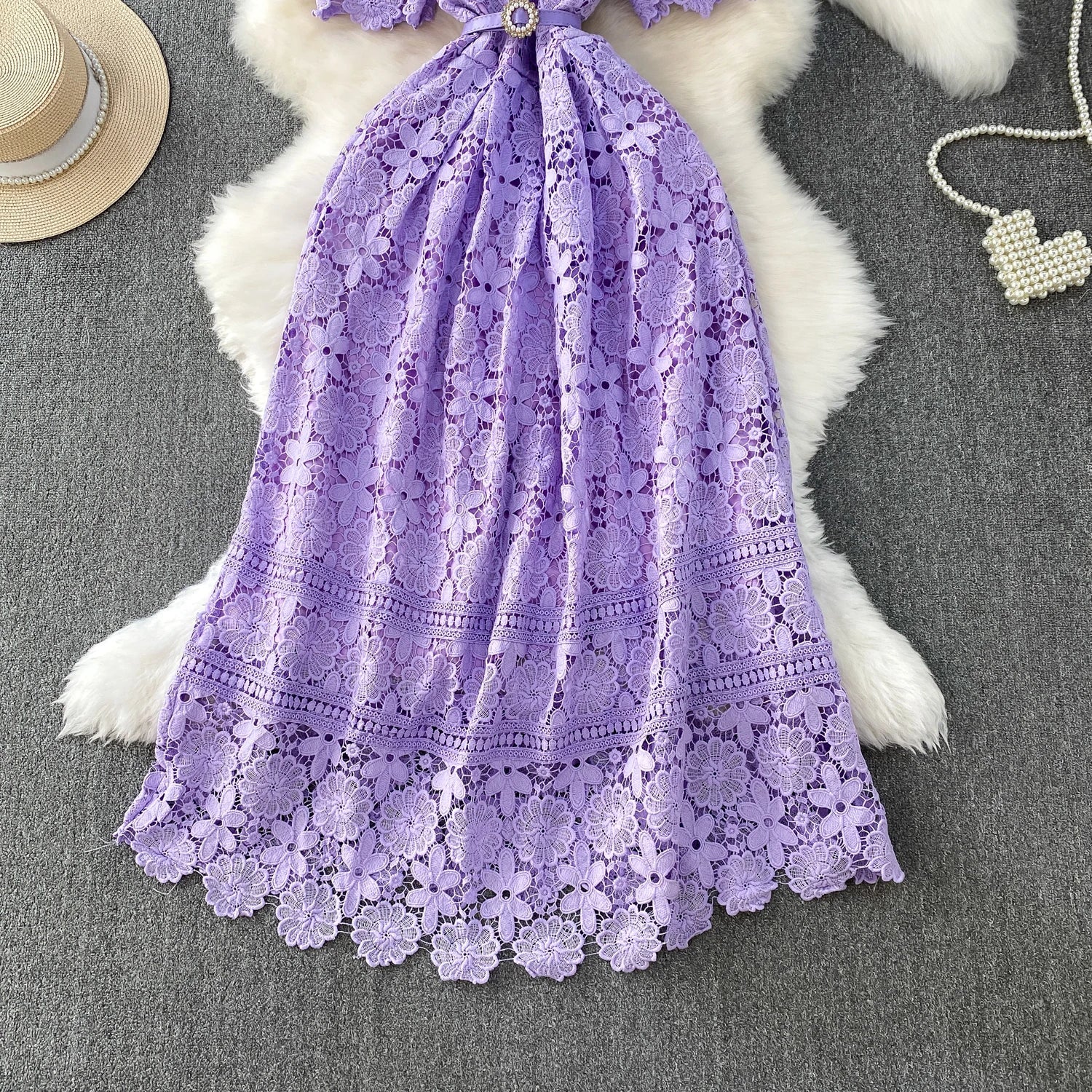 Brand Design Summer Embroidery Lace Long Dress Women Hollow Out Short Sleeve Midi Dresses Lady Belt Prom Evening Party Vestidos