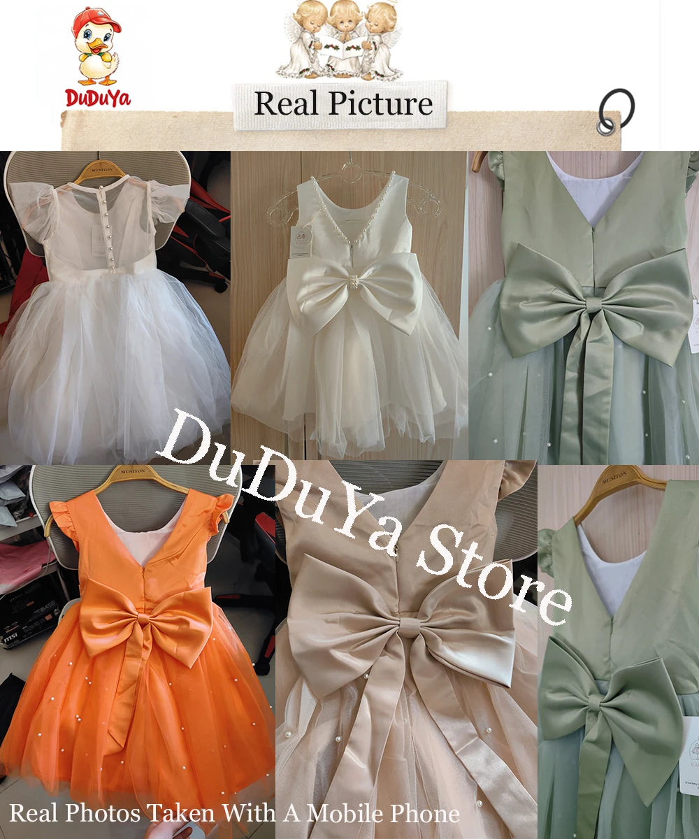 Baby Girl Party Dress Back Bow Elegant Flying Sleeve Mesh Tutu Dress with Pearl Solid Flower Girl Wedding Dress Birthday Gowns