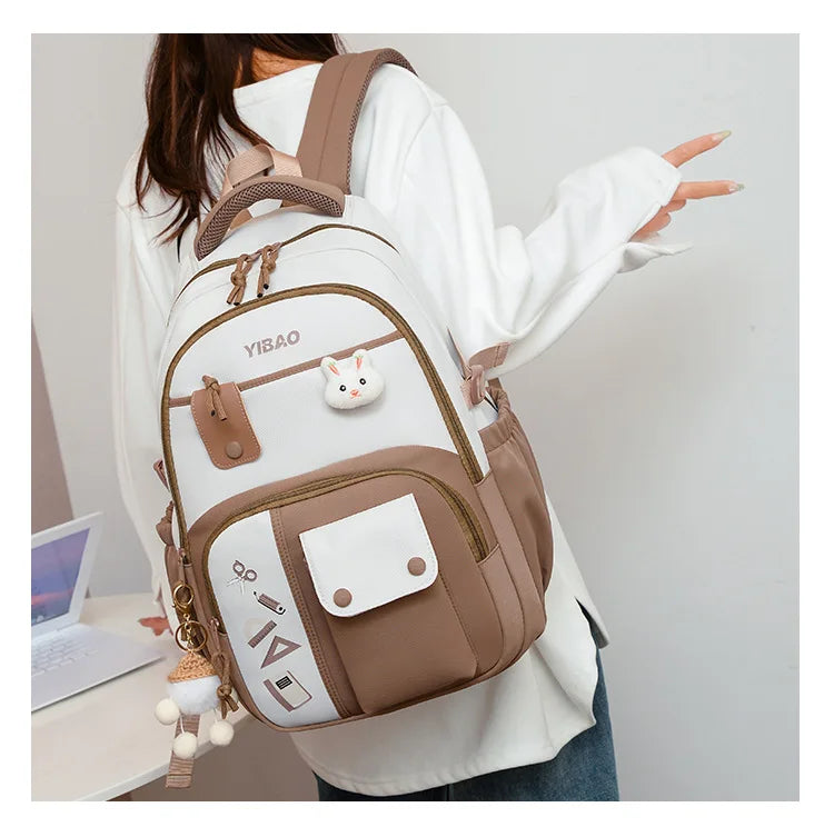 New cute rabbit children school backpack Fashionable splicing color contrast fresh lady knapsack kids schoolbags bring a doll