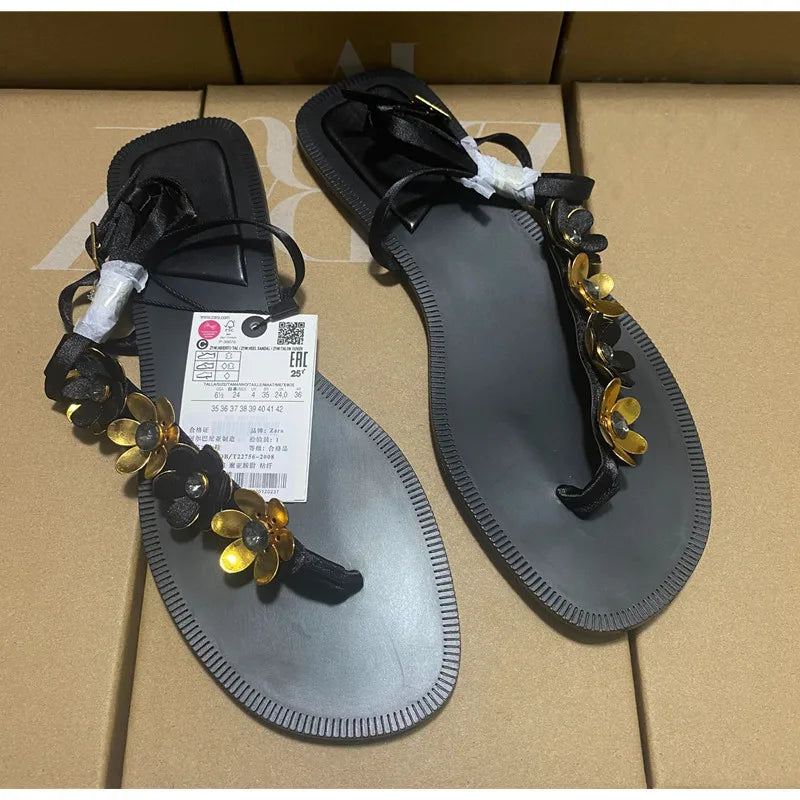 Luxury Crystal Flowers Decor Women Flats Sandals Sexy Ankle Strap Summer Beach Slides Fashion Streetwear Modern Sandals Shoes