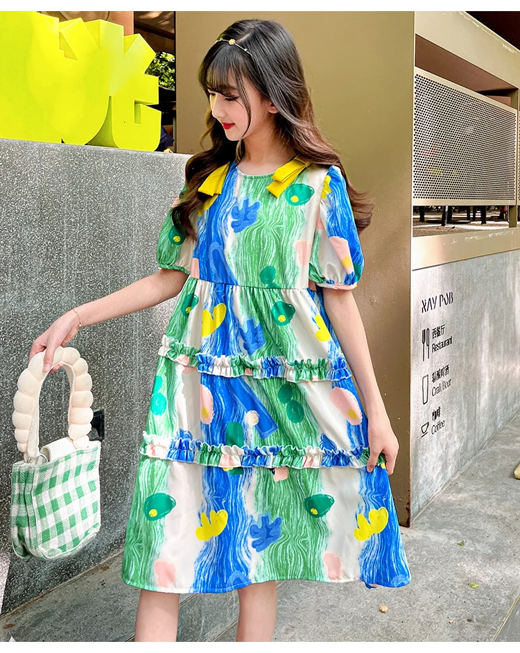 Summer Dress Girl Korean Style Sweet Floral Print Casual Kids Ruched Dresses Toddler Girls Clothes 4 5 6 7 8 9 10 12 14 Year Old