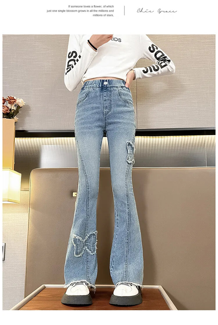 Fashion Jeans for Girls with Butterfly New Arrvial Kids Vintage Tight Denim Flare Pants 2024 Spring Autumn Teenage Slim Trousers
