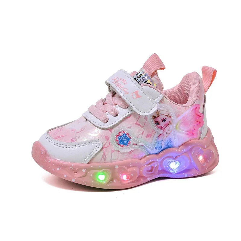 Kids Led Light Shoes Girls Disney Frozen Casual Sneakers Princess Elsa Children Toddler Breathable Sport Running Shoes