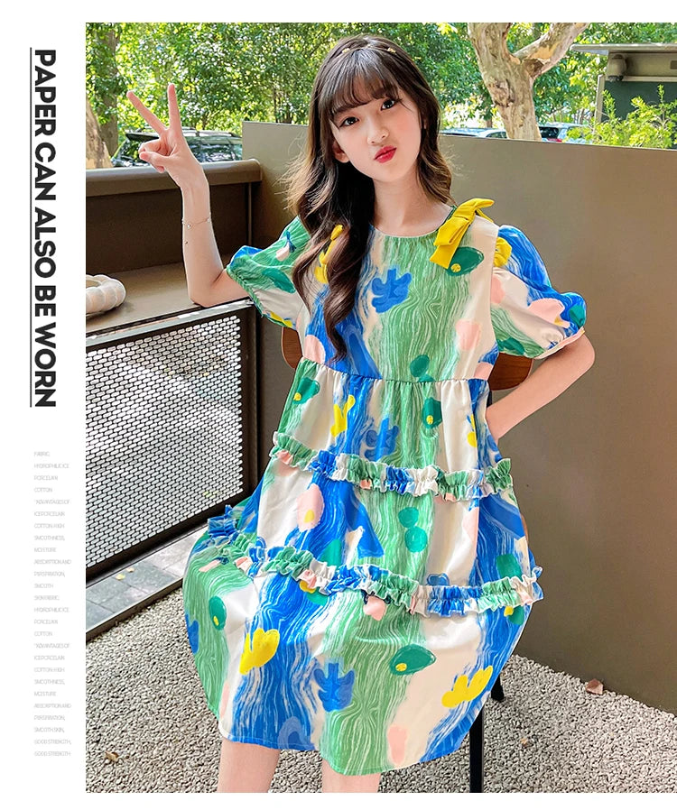 Summer Dress Girl Korean Style Sweet Floral Print Casual Kids Ruched Dresses Toddler Girls Clothes 4 5 6 7 8 9 10 12 14 Year Old