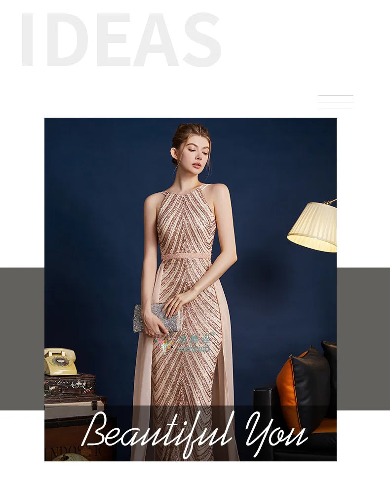 Chic High Sleeveless Sexy Backless Beading Sequined Mermaid Formal Evening Dresses Birthday Party Prom Gowns Elegant Luxury