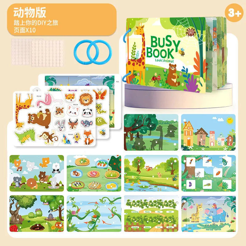Busy Book for Toddlers Ages 2-6 Quiet Book Preschool Learning Activity Reusable Sticker & Velcro Matching Montessori Fine Mot