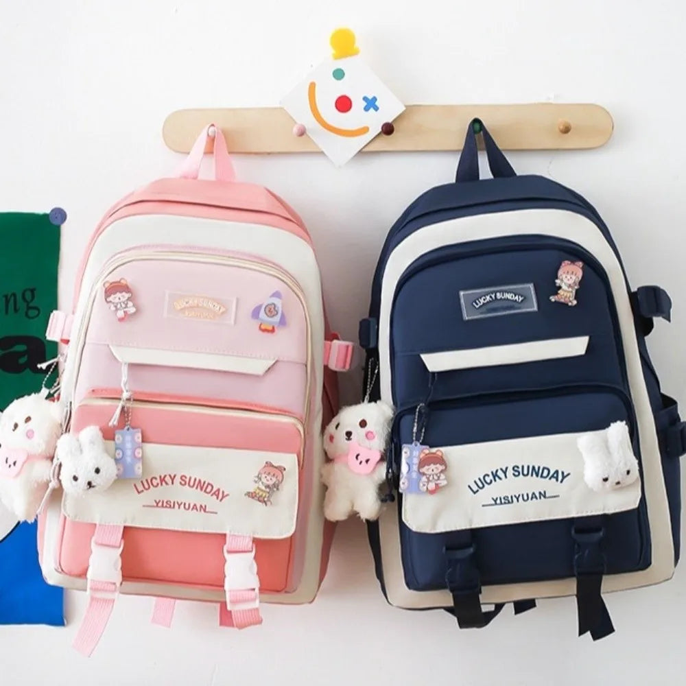 5 Pcs Cute Large Capacity Backpack Set Multifunctional Breathable Student Schoolbag Buckle Coin Purse School
