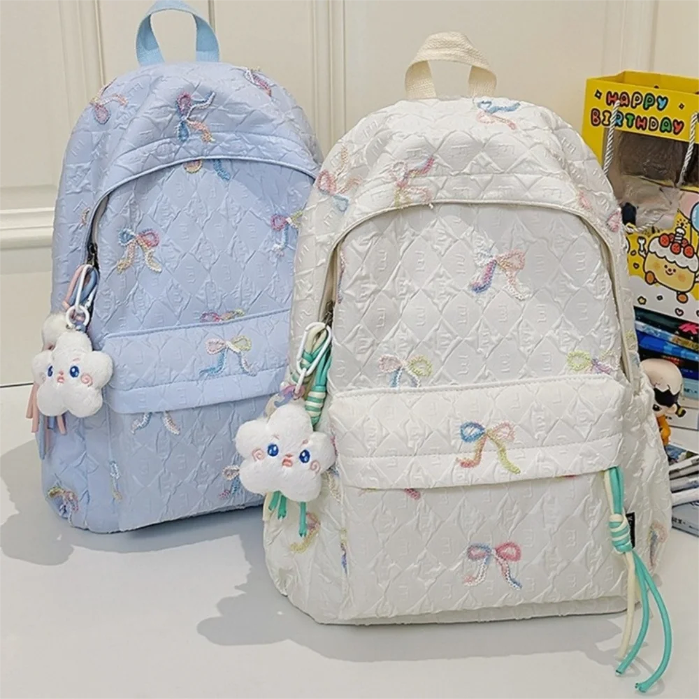 Fashion Embroidered Bow Backpack Nylon Large Capacity Students Schoolbag Multiple Pockets Wear-resistant Travel Rucksack
