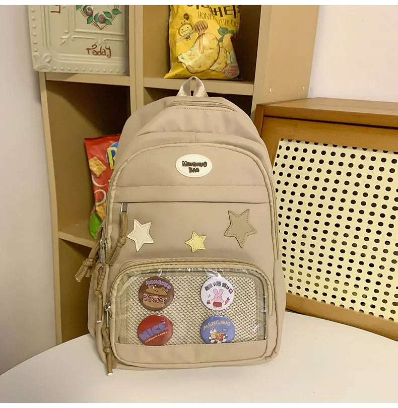 Casual Transparent Badge Large Capacity Commuter Backpack Suitable for Middle School Students Cute School Style Double Shoulder