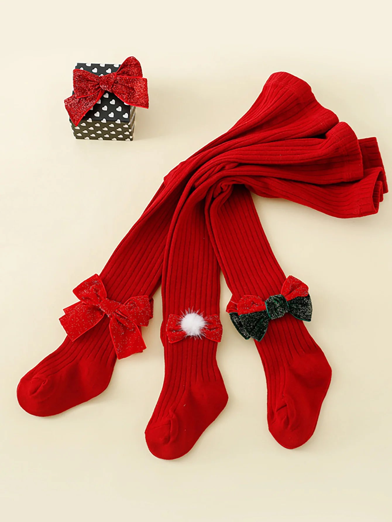 3 Pairs Girls Bow Decorations Red Pantyhose Fashionable and Sweet Children's Leggings Soft Non-Slip for Kids to Wear in Daily Life