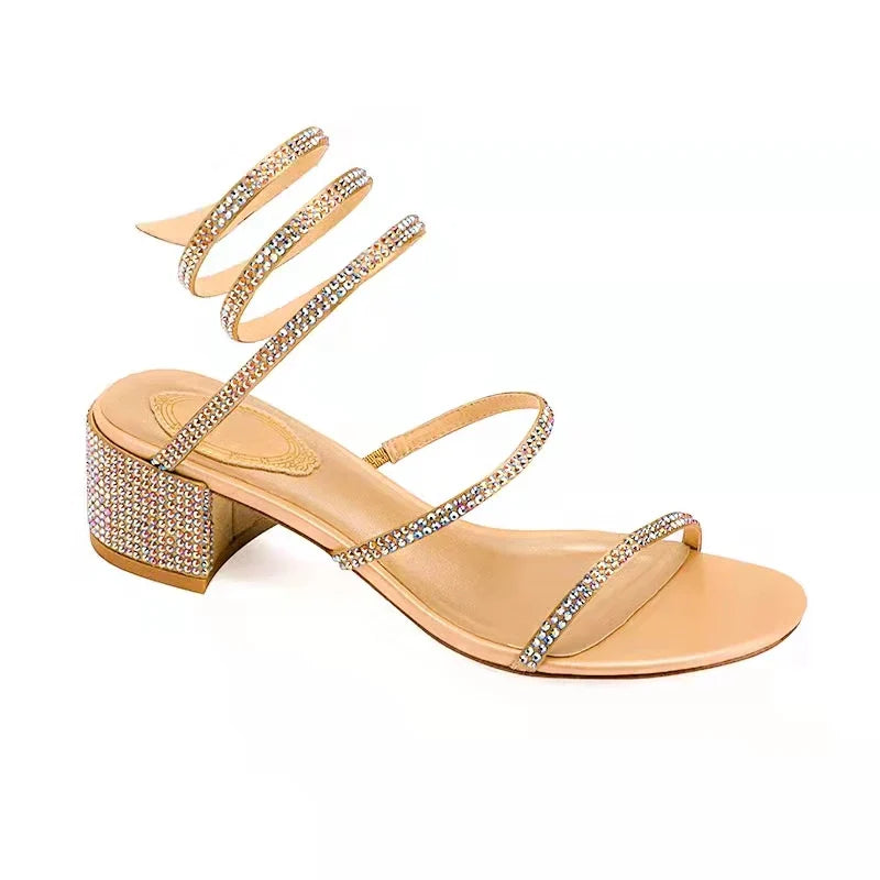 Women Sandals 2023 New Summer Rhinestone Ankle Strap Roman Shoes Ladies High Thick Square Heels Simplicity Sexy Shoes Female