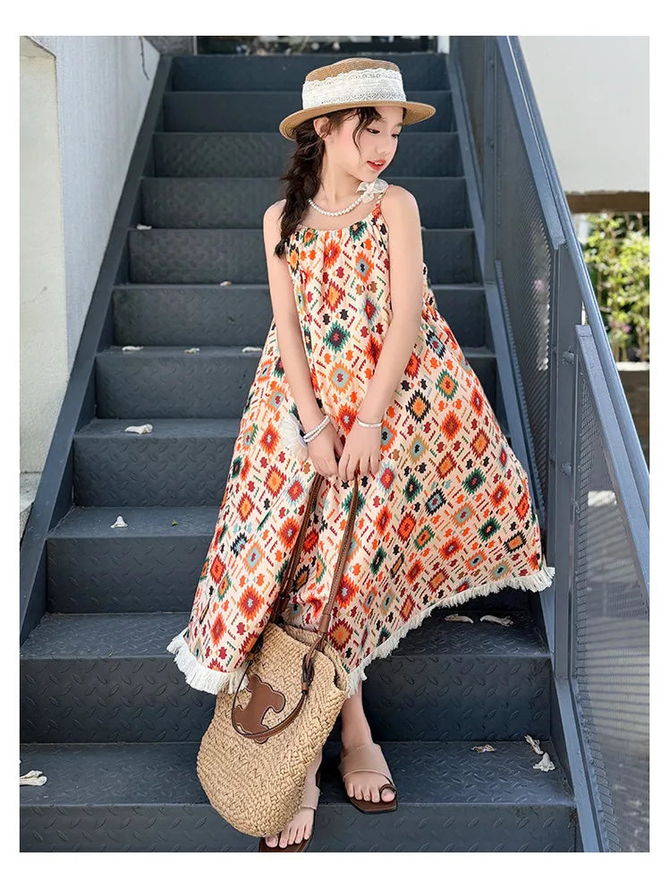 Girls' Summer Dress 2025 New Design for Children, Girls' Beach Bohemian Princess Dress for Older Kids.