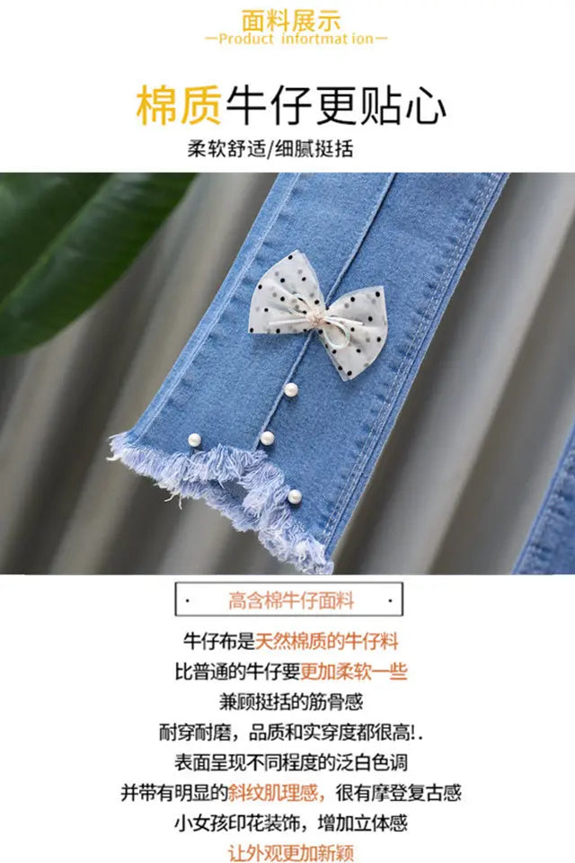 Girls Blue Jeans for Children's Fashion Clothing Princess Kids Denim Wide-leg Pants Baby Teens Girl Flared Bow Applique Trousers