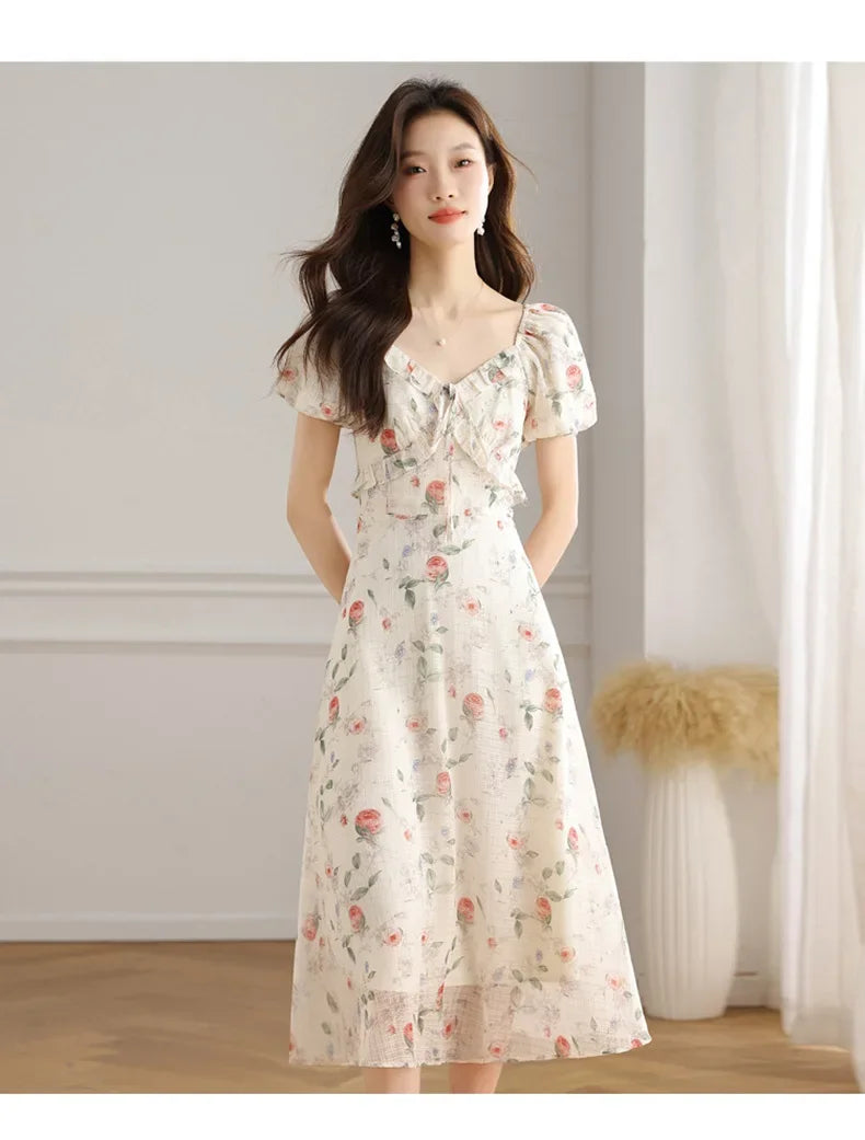 Elegant Summer Dress with Bubble Sleeves And Bellflower Pattern Slimming Empire Waist Knee-Length Polyester Fiber Short Sleeve