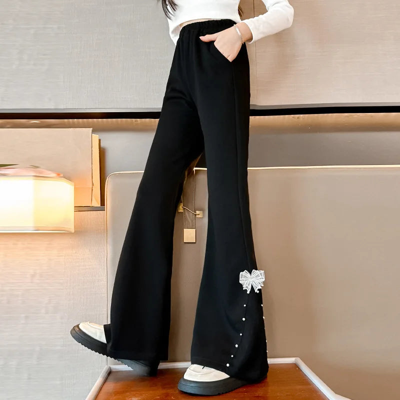 Kids Flare Pants with Bows For Girl Casual Style Children Bell Boot Cut Trousers Fashion Design Grey Black Color Sweatpants 5-14