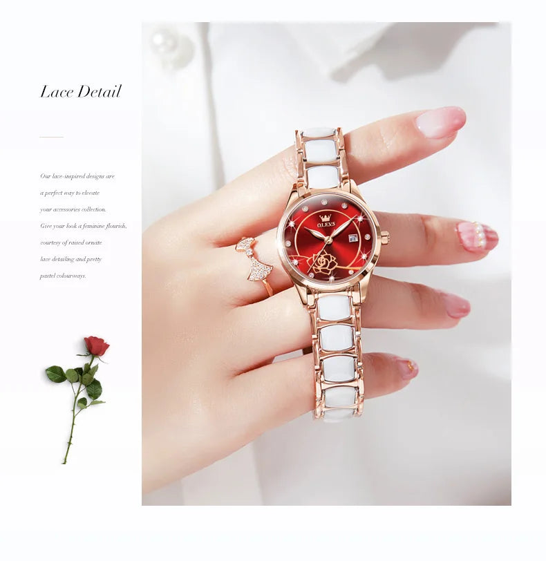 OLEVS 3606 Luxury Women Watch Camellia Quartz Japan Movement 30M Waterproof Watch For Women Ceramics Women Mechanical Watch