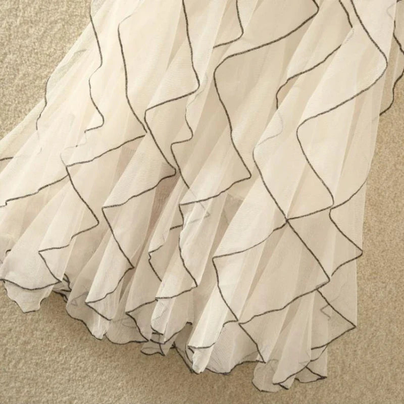 Women's Elegant Wave Pattern Fairy Mesh Ruffle Skirt High Waist A-Line Large Swing Long Skirt Half Body Skirts Ropa Para Mujer