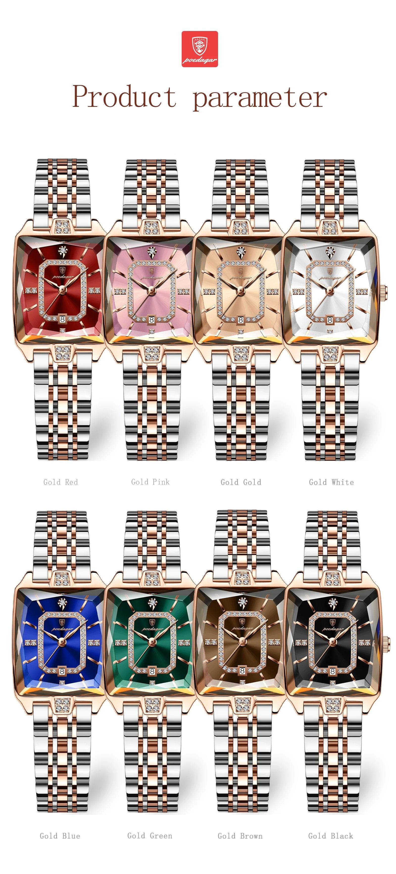 POEDAGAR Luxury Watch For Woman Elegant Waterproof Calendar Ladies Watch Rectangle Stainless Steel Quartz Women's Watches Female