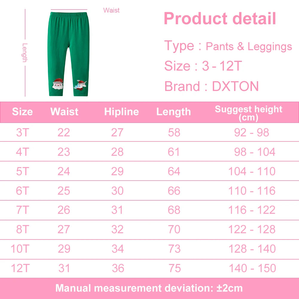 DXTON Toddler Cotton Leggings Baby Girls Pencil Pants Four Seasons Green Solid Christmas Man Applique Girls Skinny Trousers