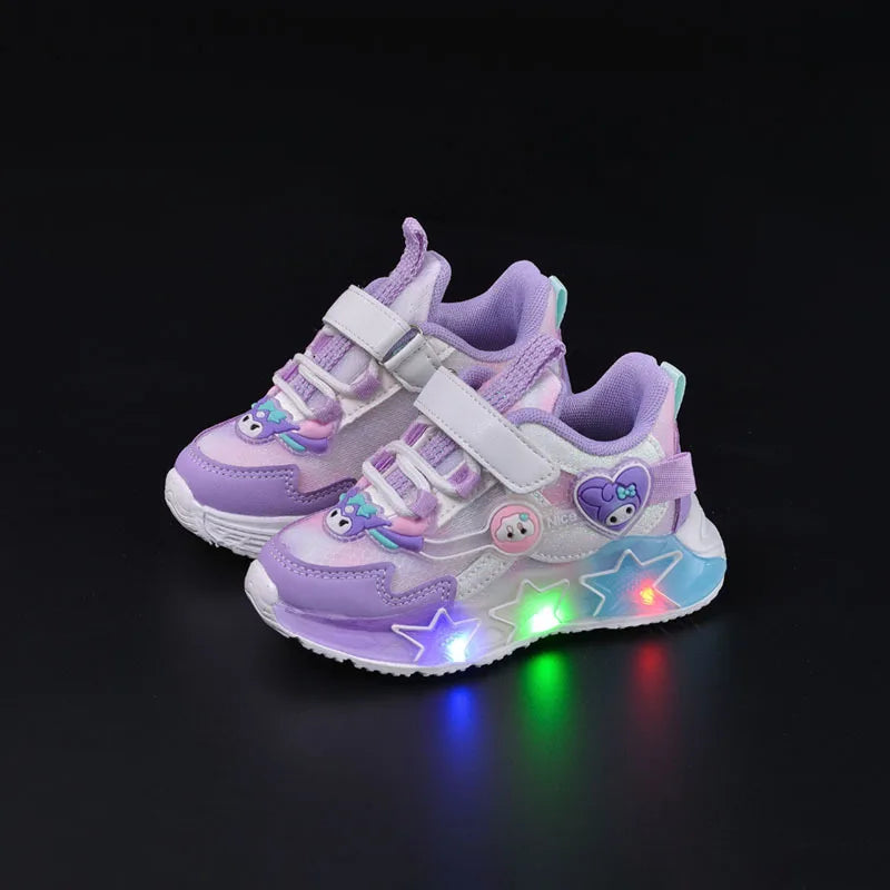 Sanrio Kuromi My Melody Childrens Led Light Sneakers Kawaii Cartoon Fashion Girls Casual Shoes Kids Antislip Sports Running Shoe