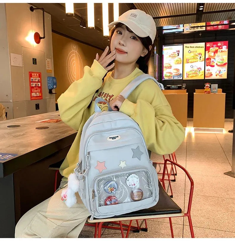 Casual Transparent Badge Large Capacity Commuter Backpack Suitable for Middle School Students Cute School Style Double Shoulder
