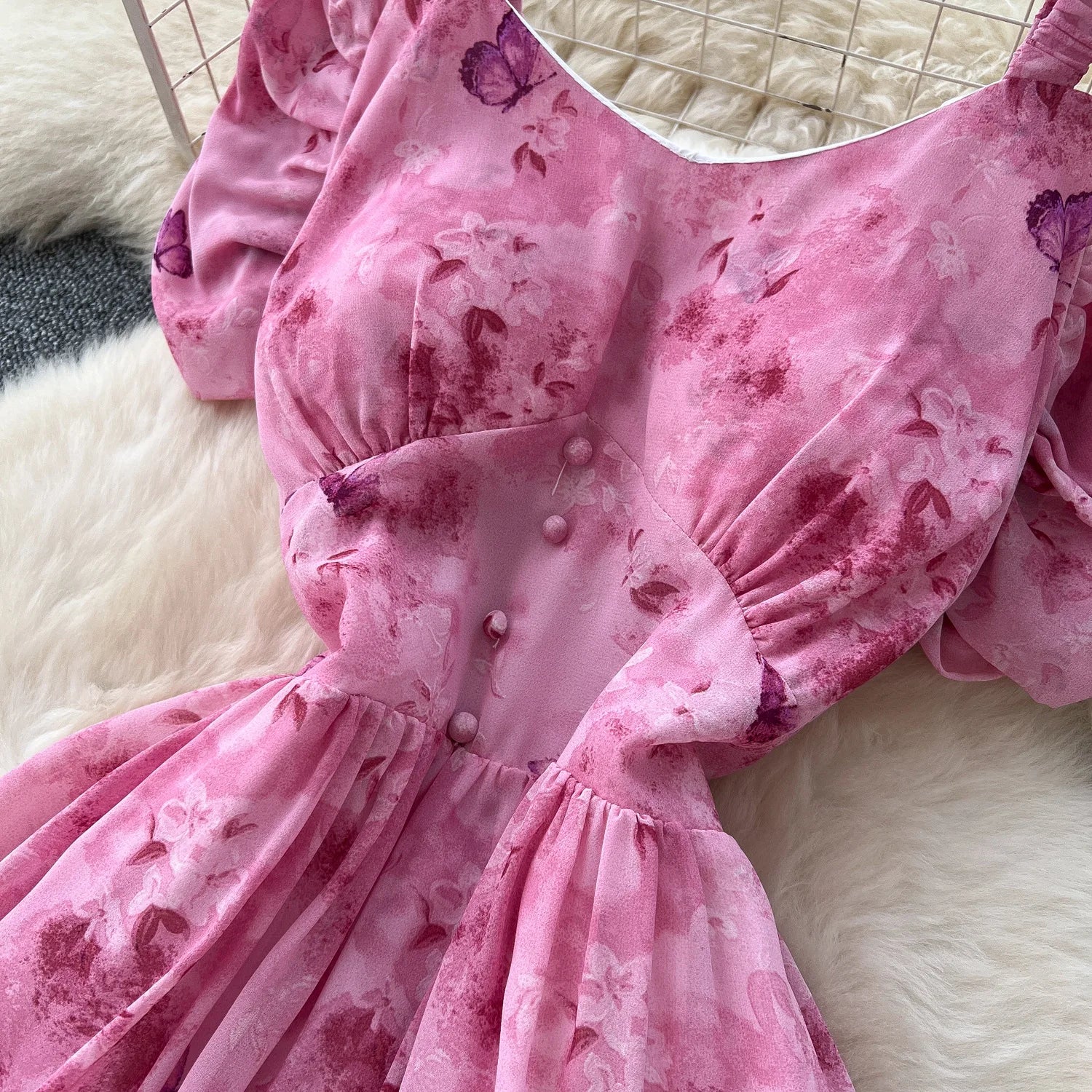 Summer 2025 French Style New Fashion Women's Elegant Trendy Printed Short Puff Sleeve Ankle Length Slim Dresses Female Clothes