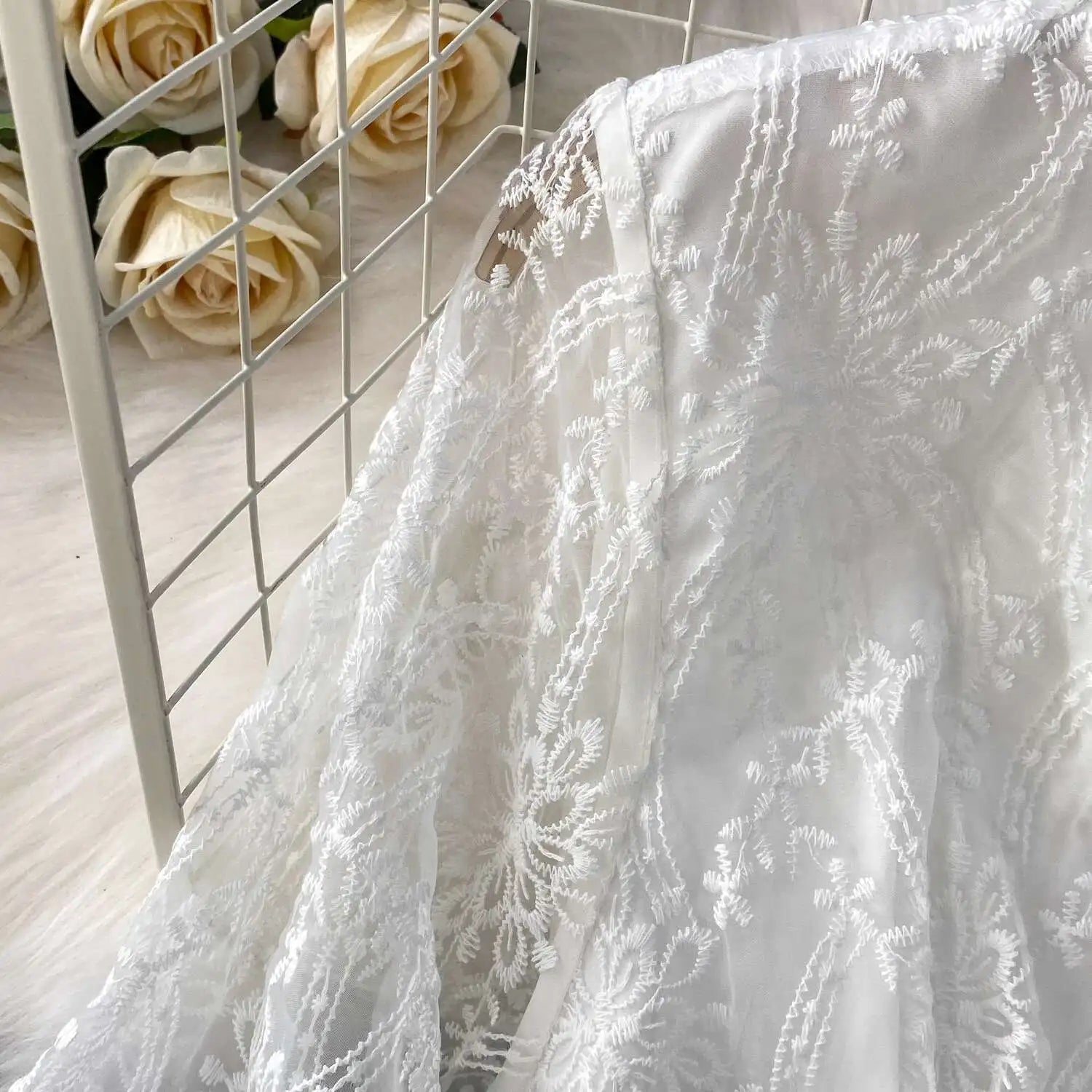 Autumn Embroidery Formal Evening Luxury Dress For Women Long Sleeve Crochet Lace Summer Dresses Single Breasted Party Vestidos