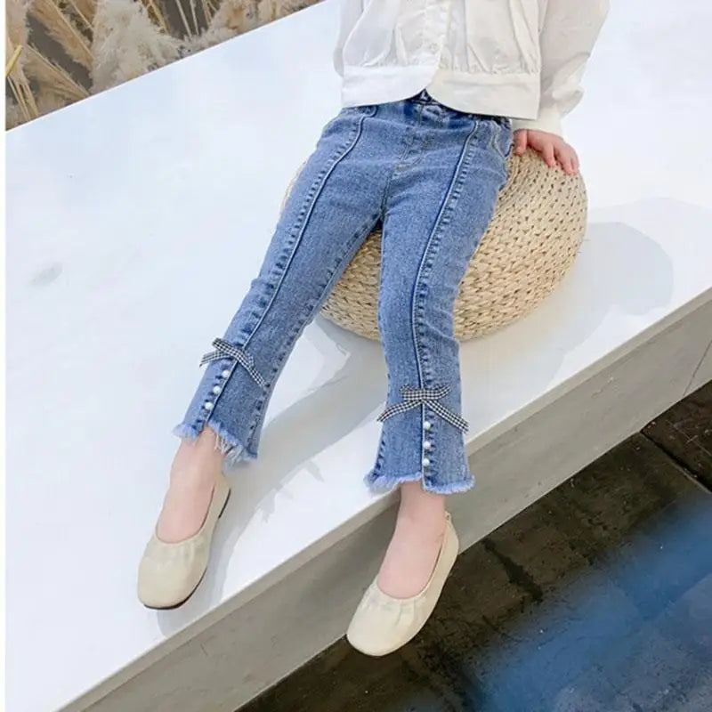 New Spring Kids Jeans Children Cute Bow Lace Denim Blue Pants Girls Embroidered Daisy Trousers