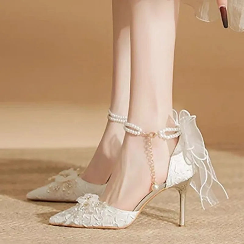 French Satin Wedding Shoes Two-Wear White Fairy Flower High-Heeled Sandals